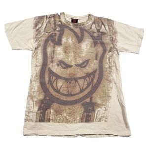 Vintage Spitfire Shirt Men Medium Tan Tee Skateboard Skate AOP All Over Y2K Rare